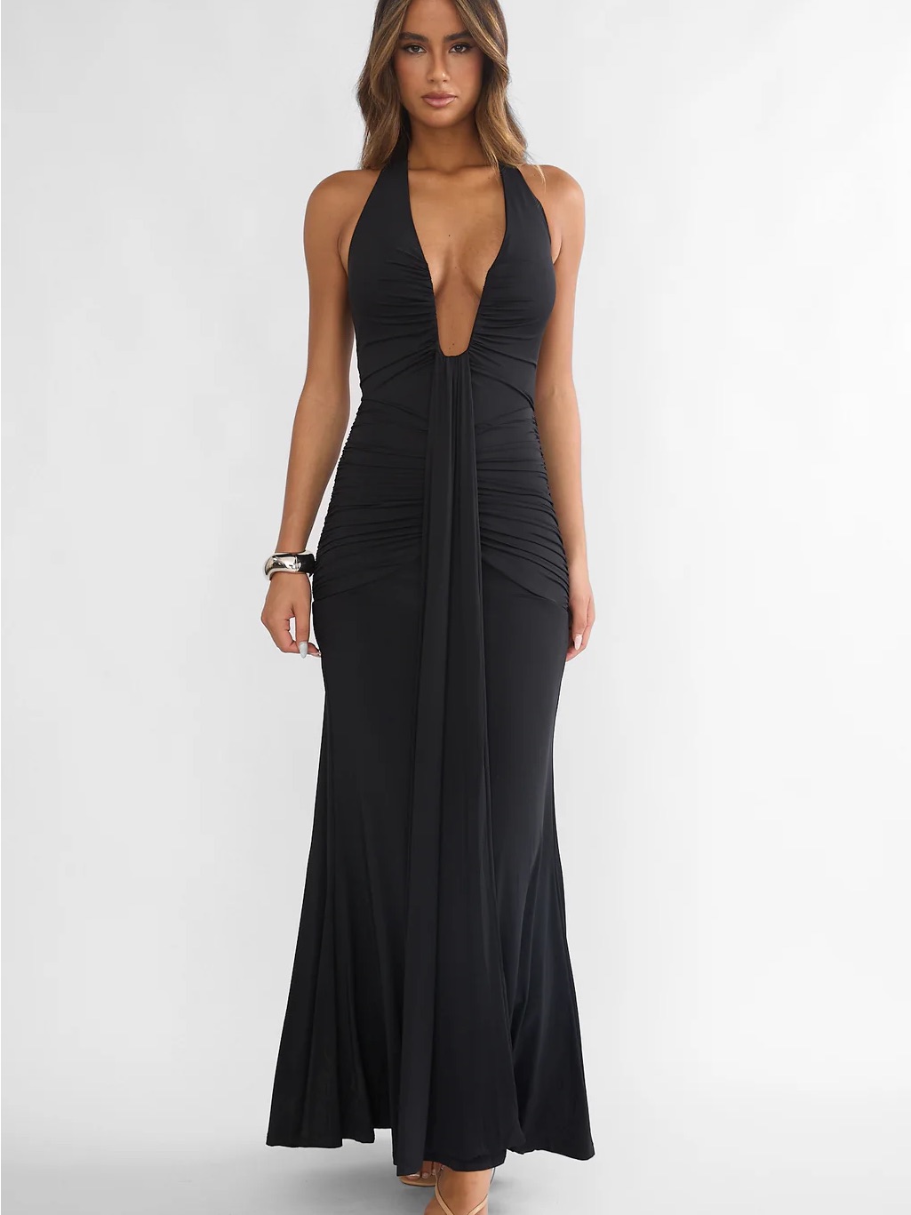 Black Halter Plunge Maxi Dress